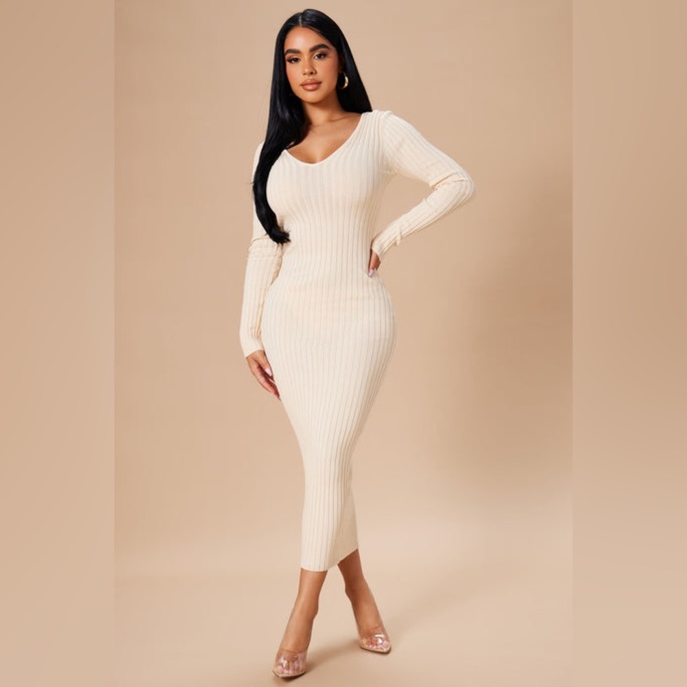 New Fashion Nova Knit Bodycon Long Sleeve Beige Fleck Gold Accented Dress Medium